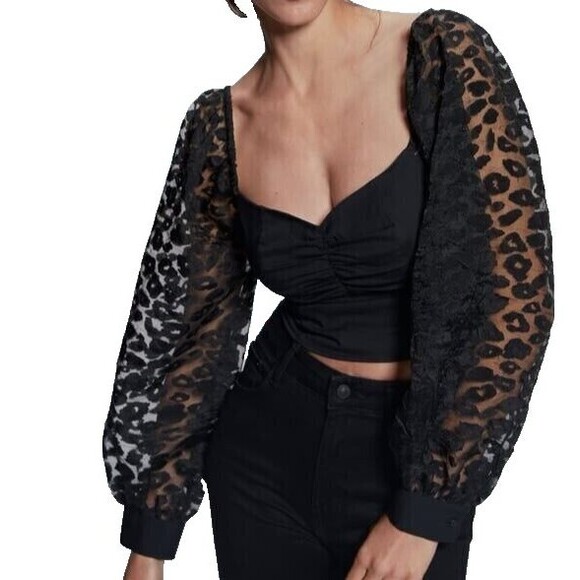 Zara Womens Medium Top Animal Leopard Print Organza Puff Vneck Sleeve Crop Black - Picture 2 of 8